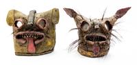Two Mexican Painted Leather Jaguar Masks Height of first 12 inches.