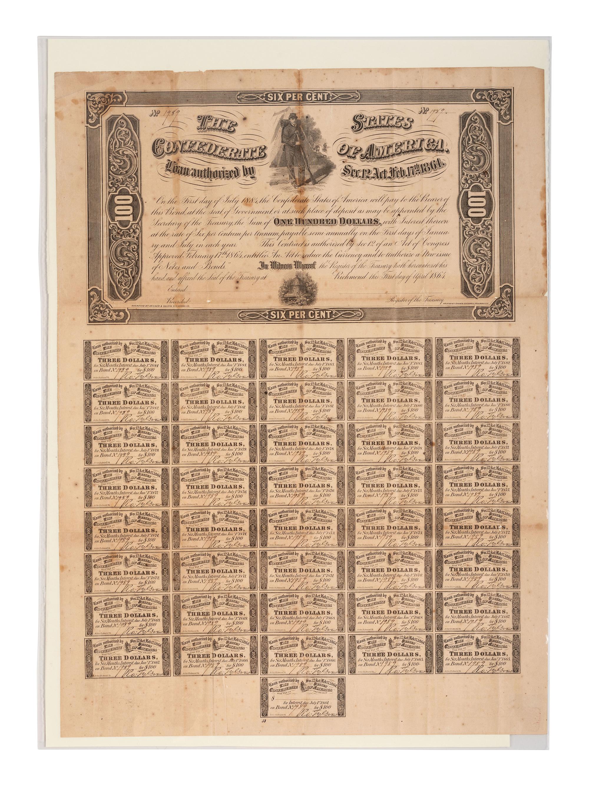 [CIVIL WAR]. Confederate currency notes incl. one hundred dollar bond sheet.