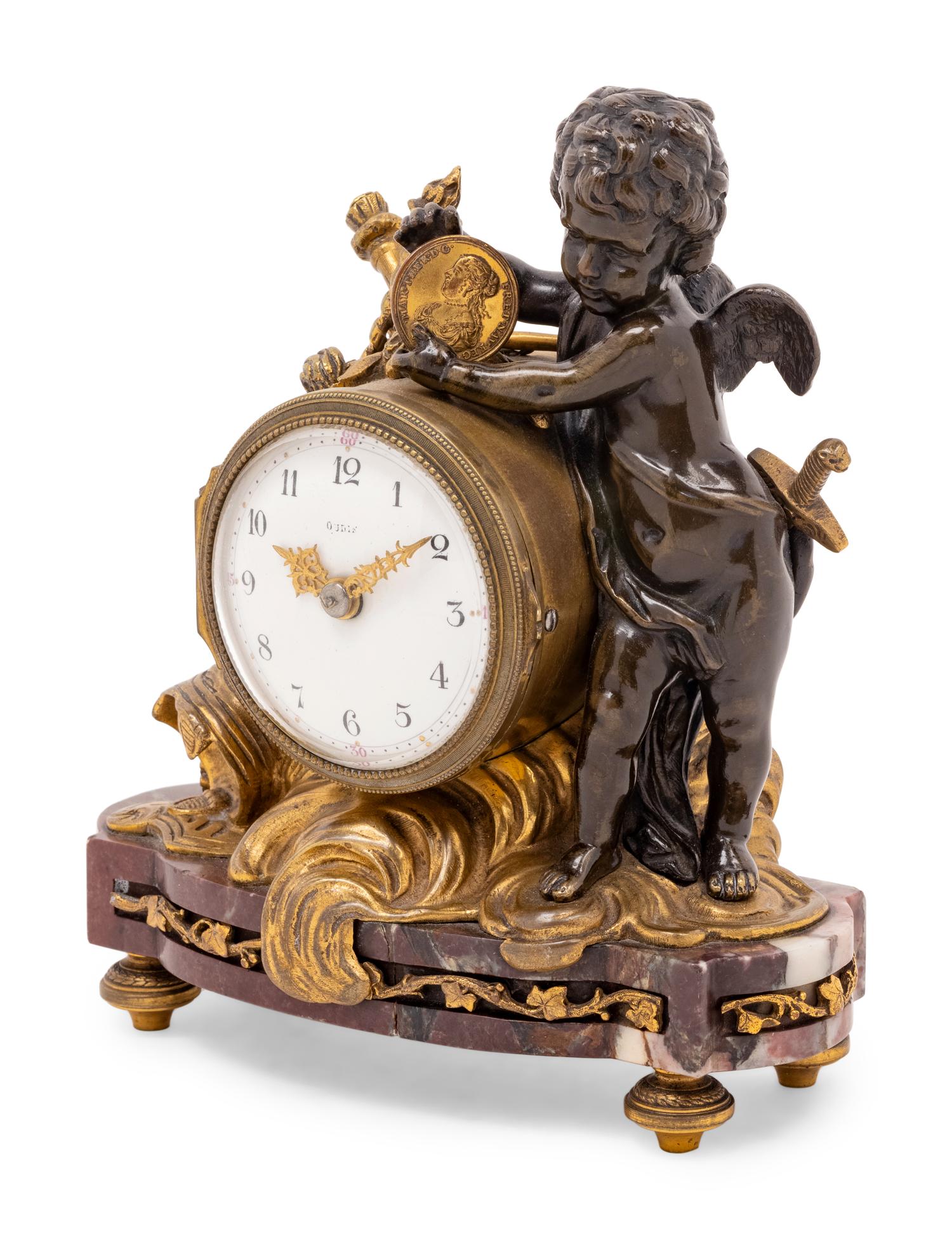 A Louis XV Style Gilt and Patinated Bronze and Marble Figural Mantel Clock
