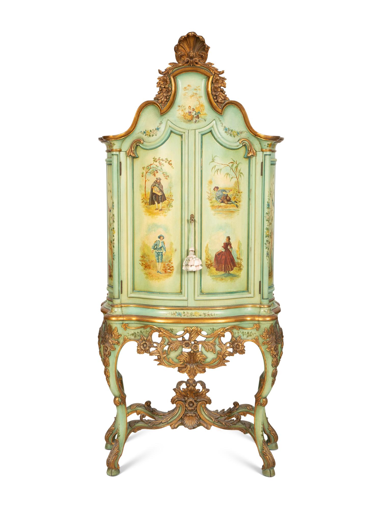 A Venetian Style Painted and Parcel Gilt Cabinet on Stand