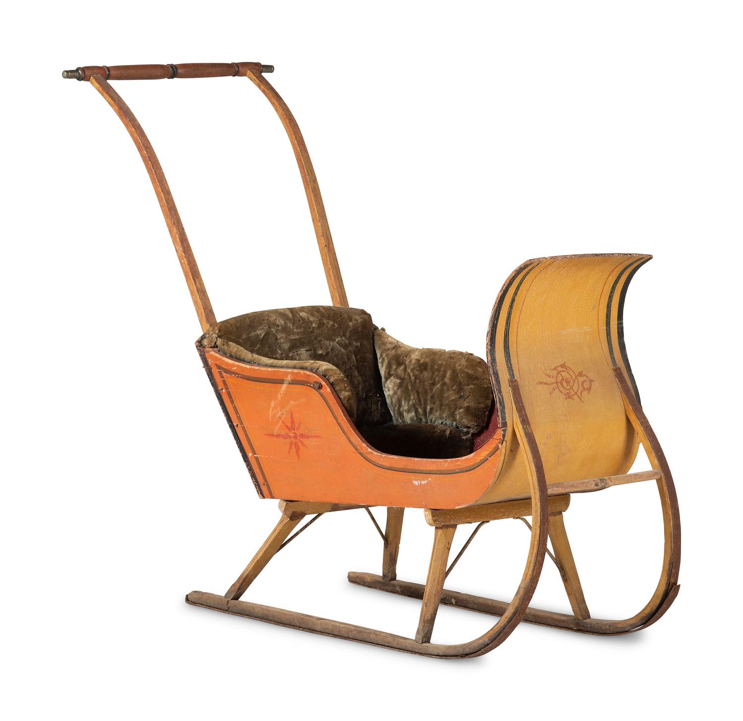 A Paint Decorated and Velvet Upholstered Wood Child's Sleigh