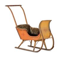 A Paint Decorated and Velvet Upholstered Wood Child's Sleigh