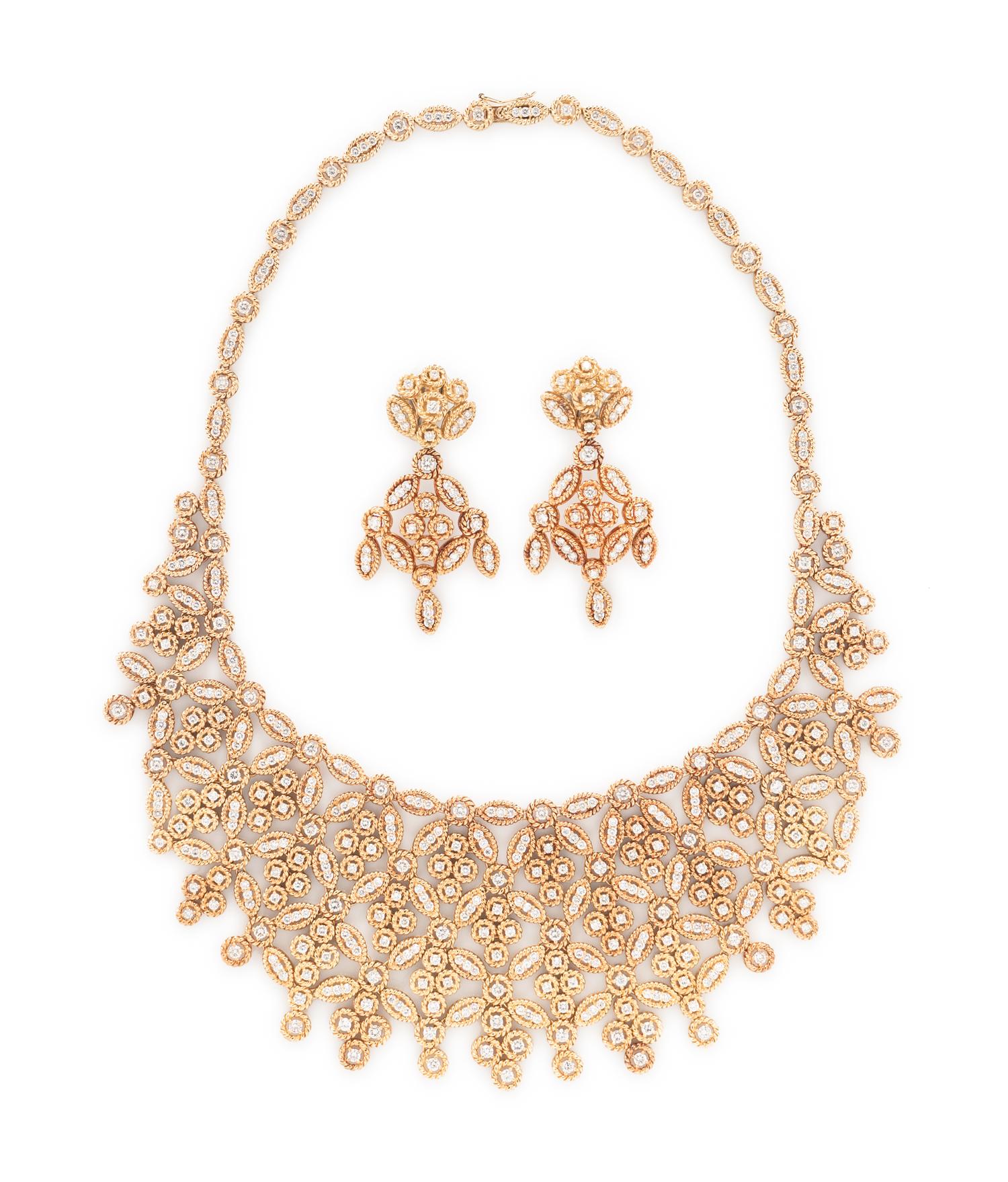YELLOW GOLD AND DIAMOND NECKLACE AND EARRINGS