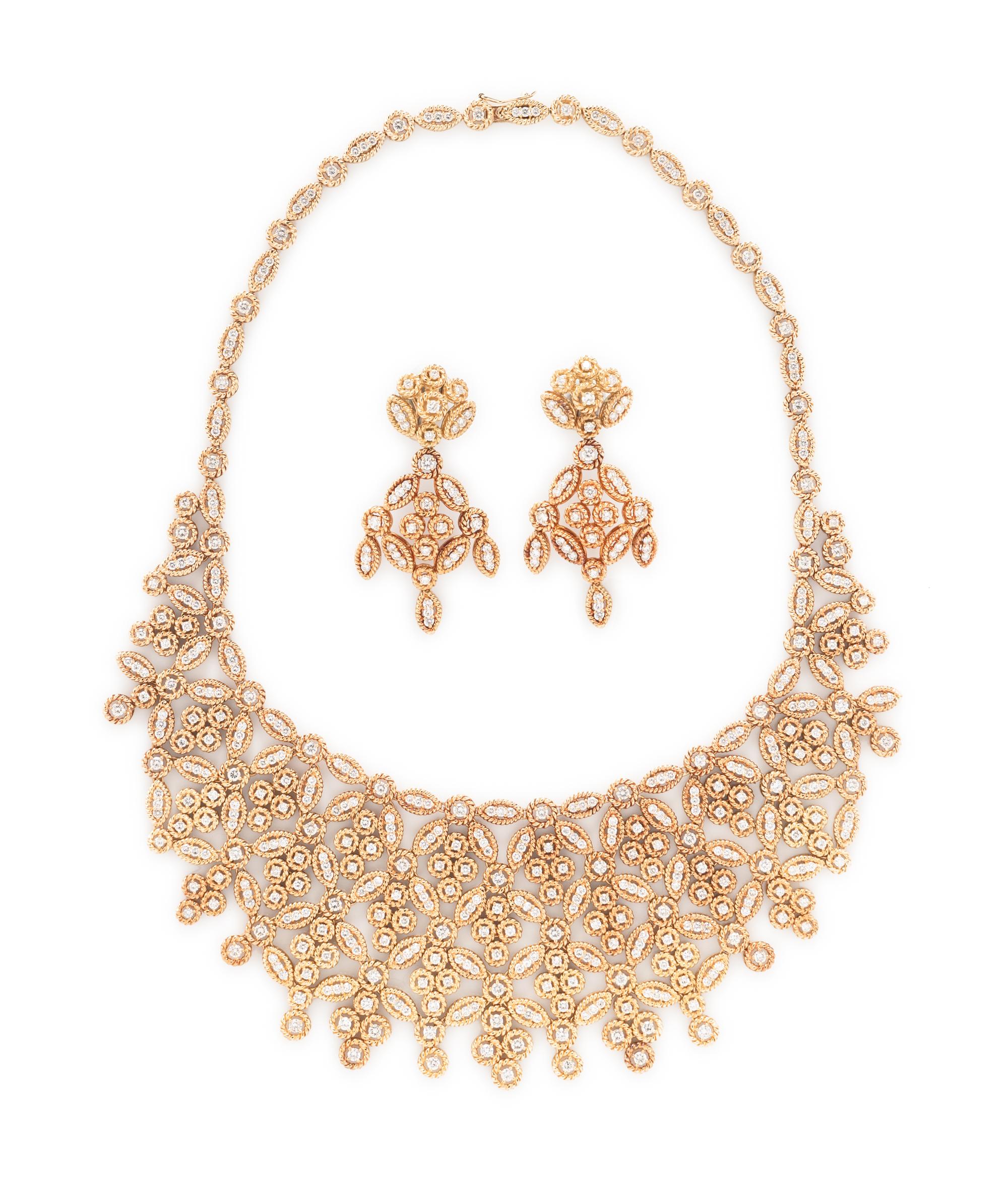 YELLOW GOLD AND DIAMOND NECKLACE AND EARRINGS
