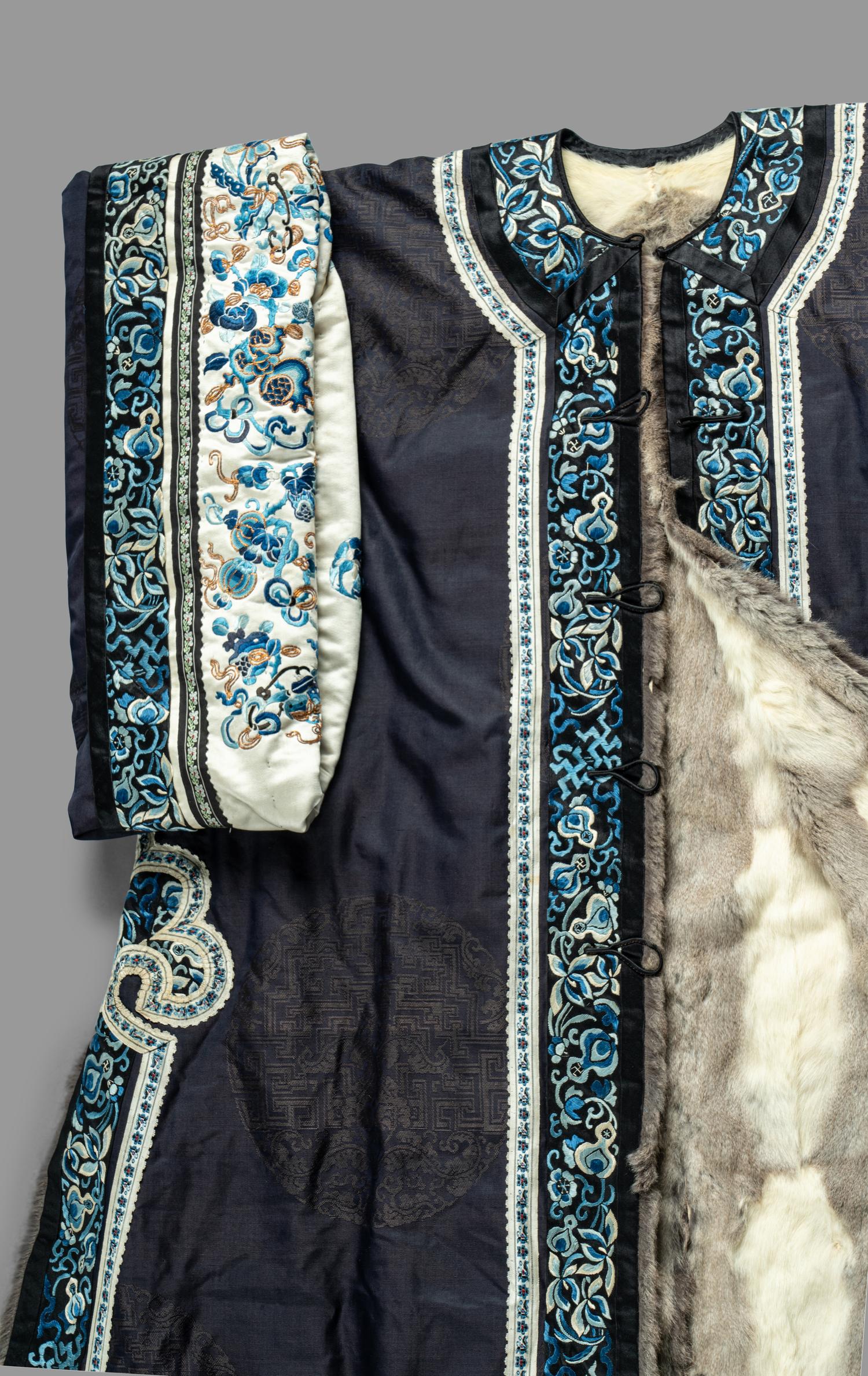 A Chinese Fur-Lined Embroidered Silk Lady's Surcoat