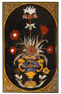 An Italian Pietra Dura Table Top Height of top 53 1/2 x width 33 inches.
