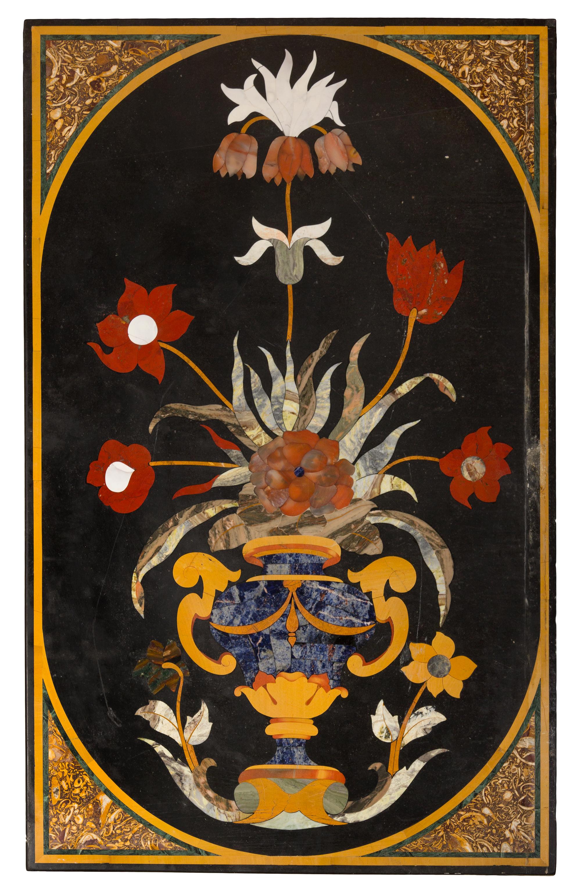 An Italian Pietra Dura Table Top Height of top 53 1/2 x width 33 inches.