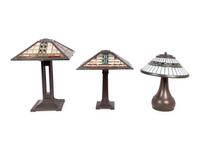 Three Karl Berry Slag Glass Lamps in the Manner of Frank Lloyd Wright