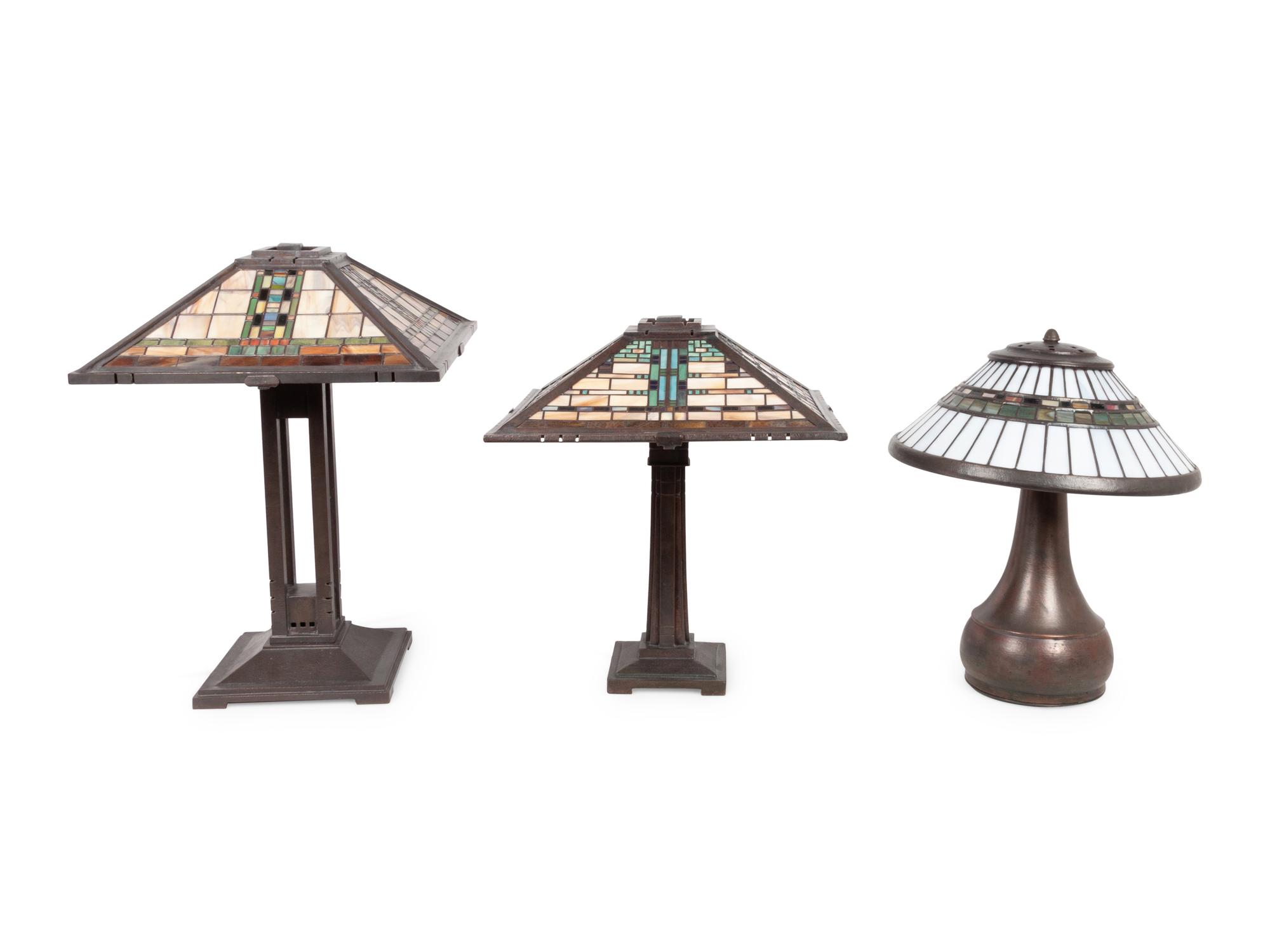 Three Karl Berry Slag Glass Lamps in the Manner of Frank Lloyd Wright