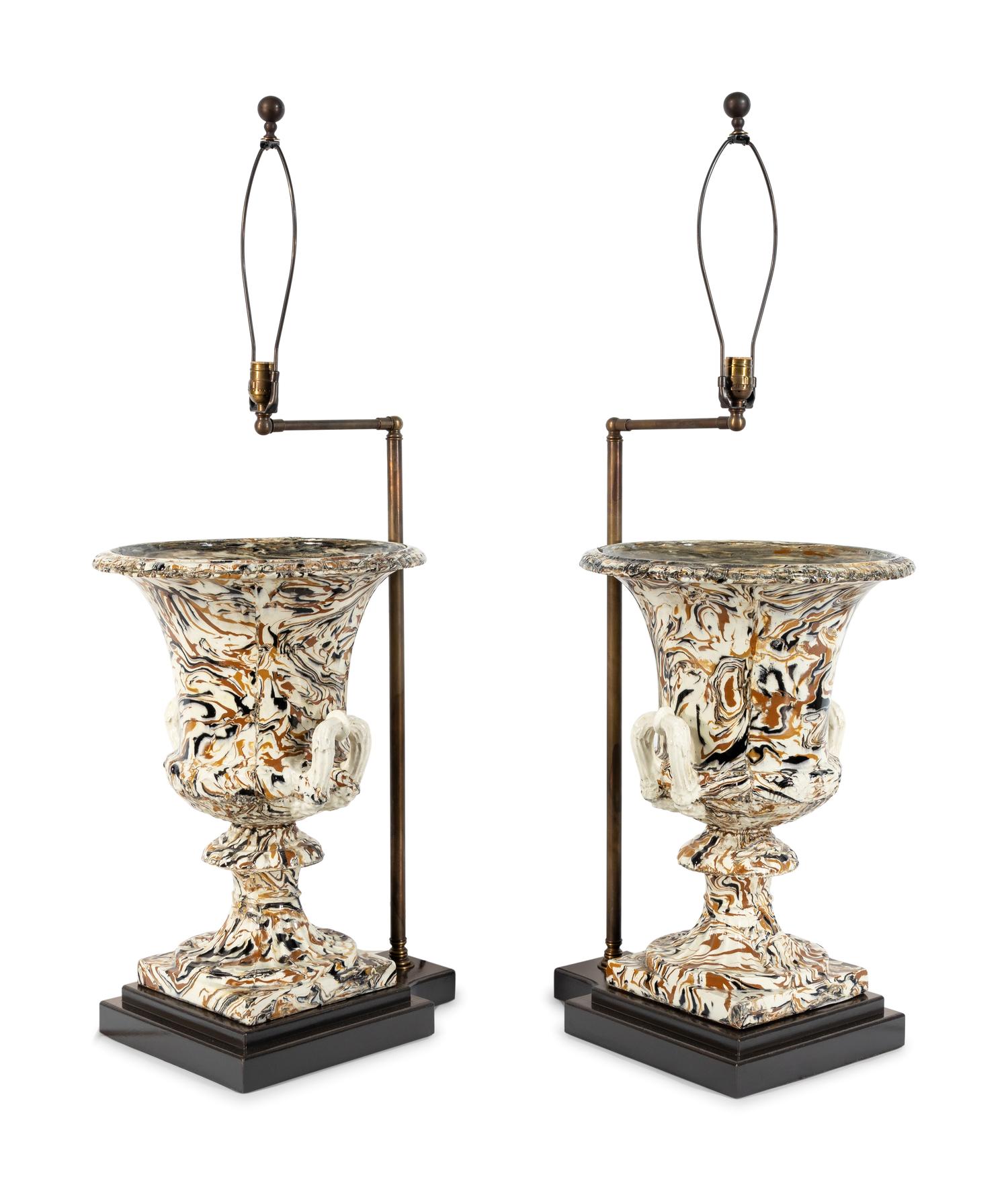 A Pair of Marble-Glazed Terracotta Urns Mounted as Lamps