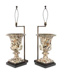 A Pair of Marble-Glazed Terracotta Urns Mounted as Lamps