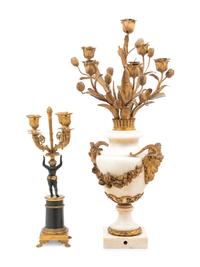A Neoclassical Gilt Bronze Mounted White Marble Candelabrum and an Empire Style Gilt and Patinated Bronze Figural Candelabrum