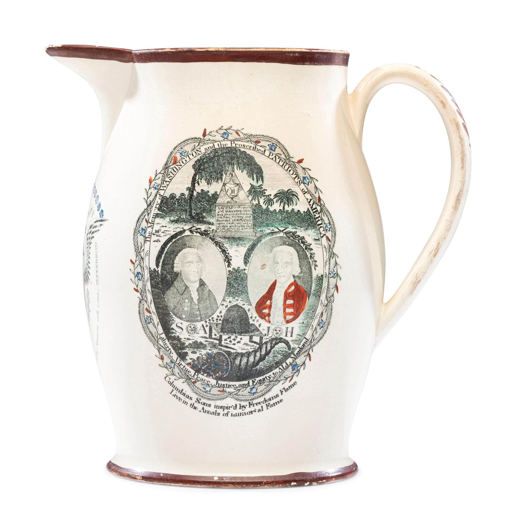 A Liverpool Transfer-Printed Creamware 'Memory of George Washington and the Proscribed Patriots of America' Pitcher with Polychrome Embellishment