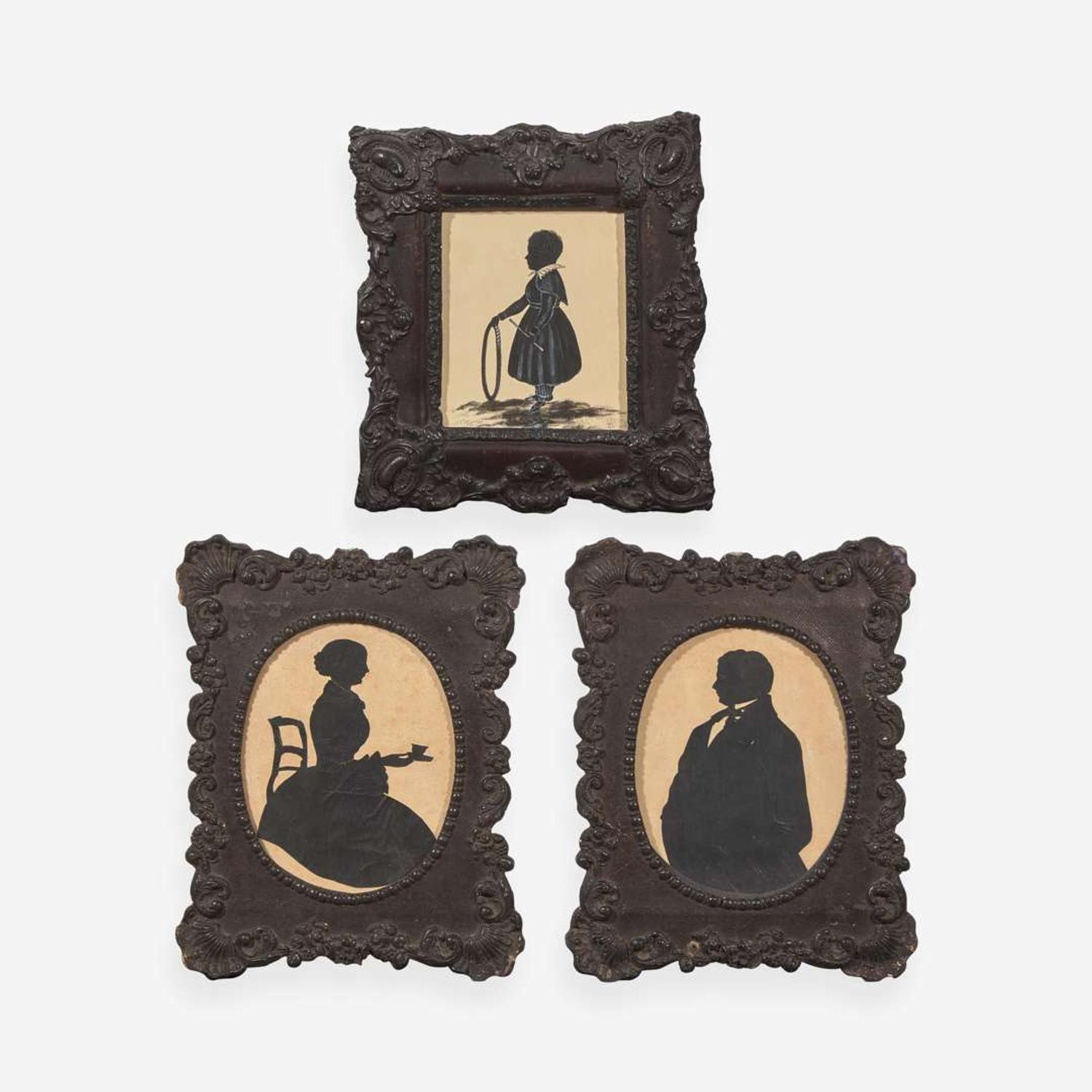 A group of three silhouettes: Chief Justice and Mrs. Jeremiah Sullivan Black and a child, The child dated, "1834," the pair circa 1850s