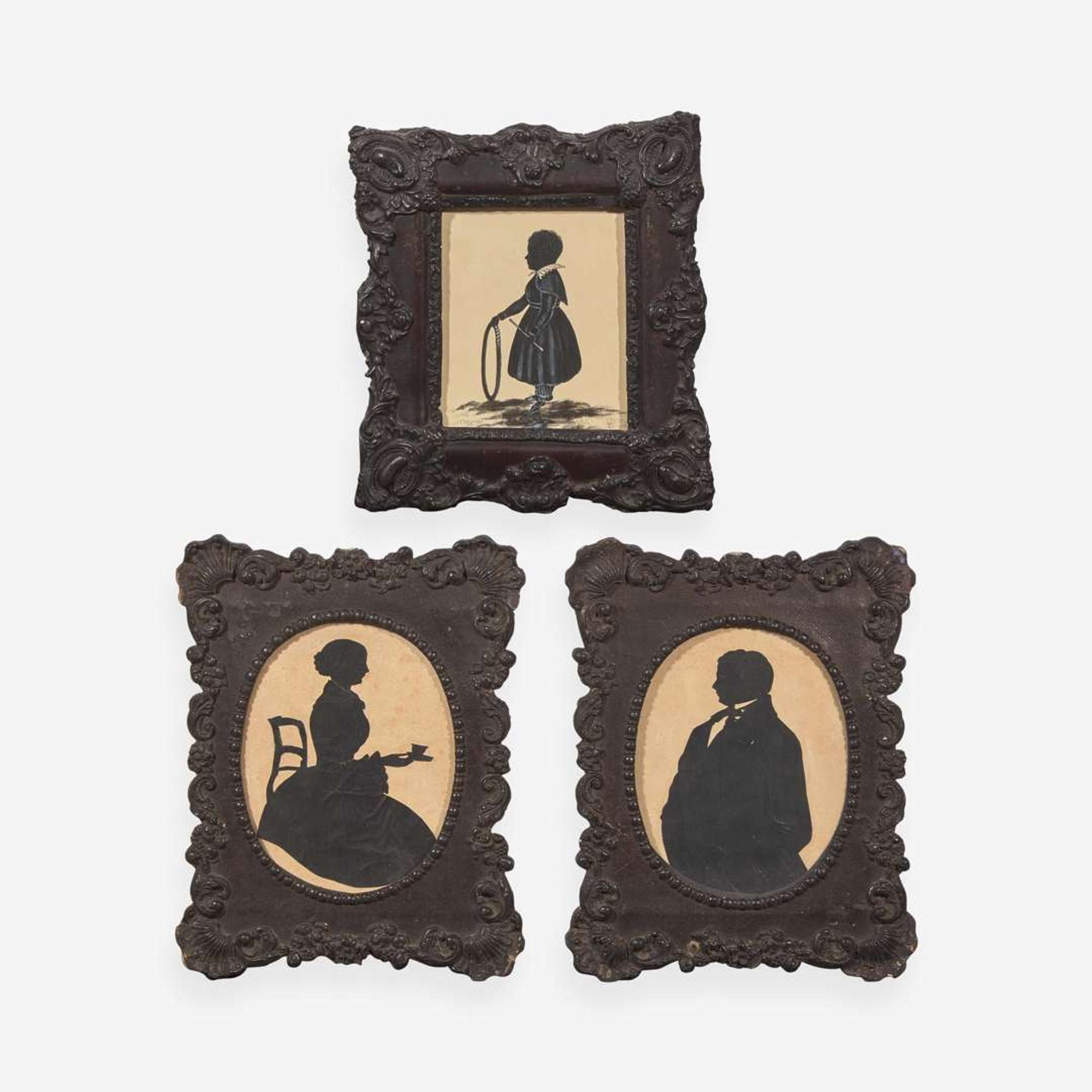 A group of three silhouettes: Chief Justice and Mrs. Jeremiah Sullivan Black and a child, The child dated, "1834," the pair circa 1850s