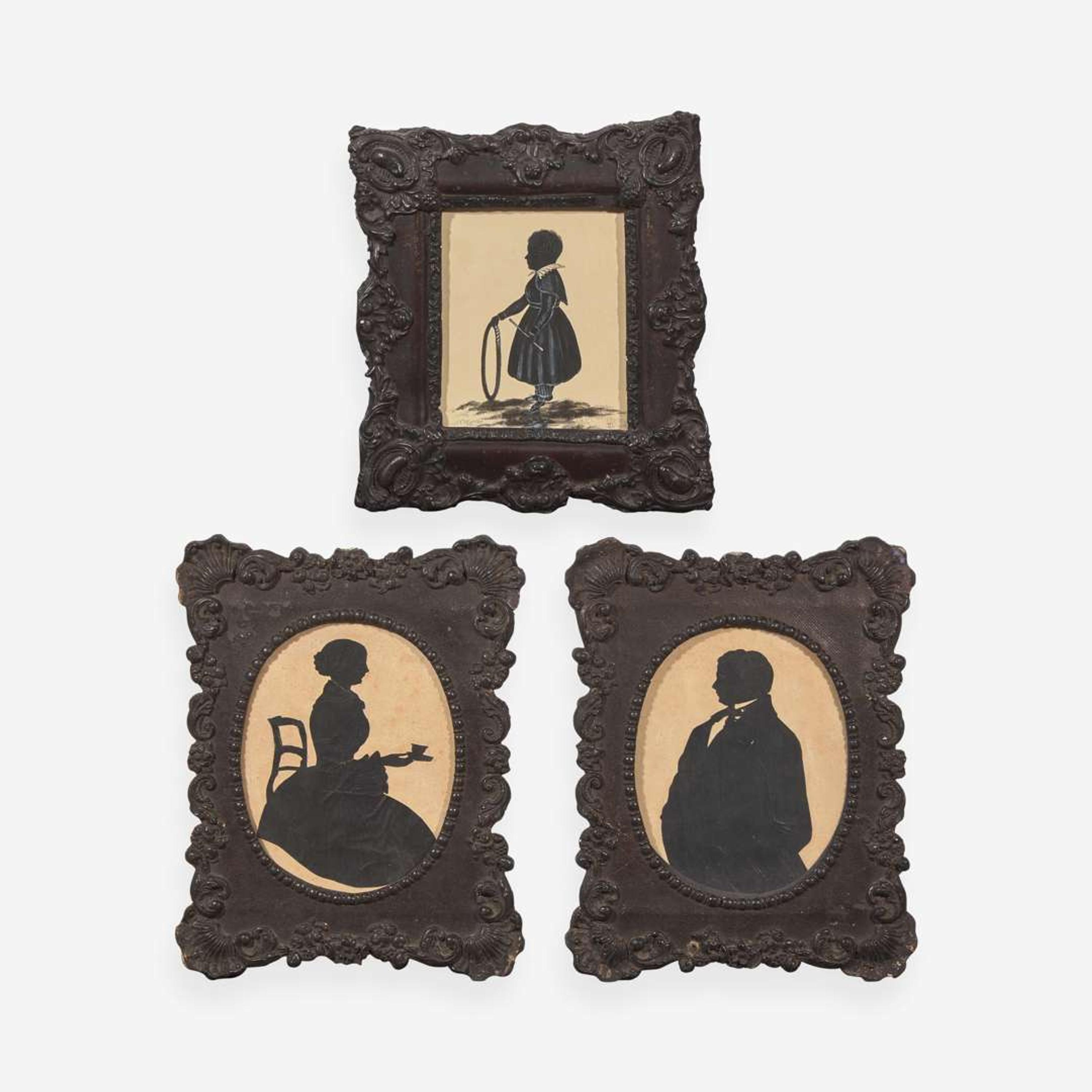 A group of three silhouettes: Chief Justice and Mrs. Jeremiah Sullivan Black and a child, The child dated, "1834," the pair circa 1850s