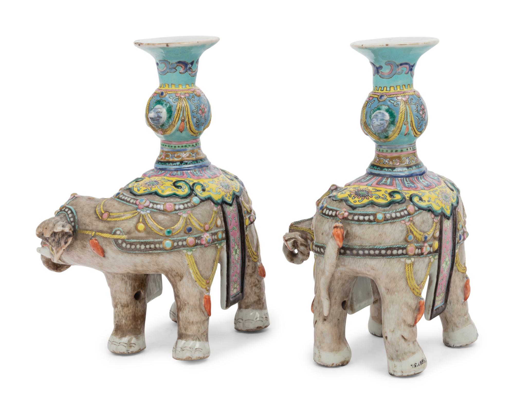 A Pair of Chinese Famille Rose Porcelain Elephant-Form Candlesticks
