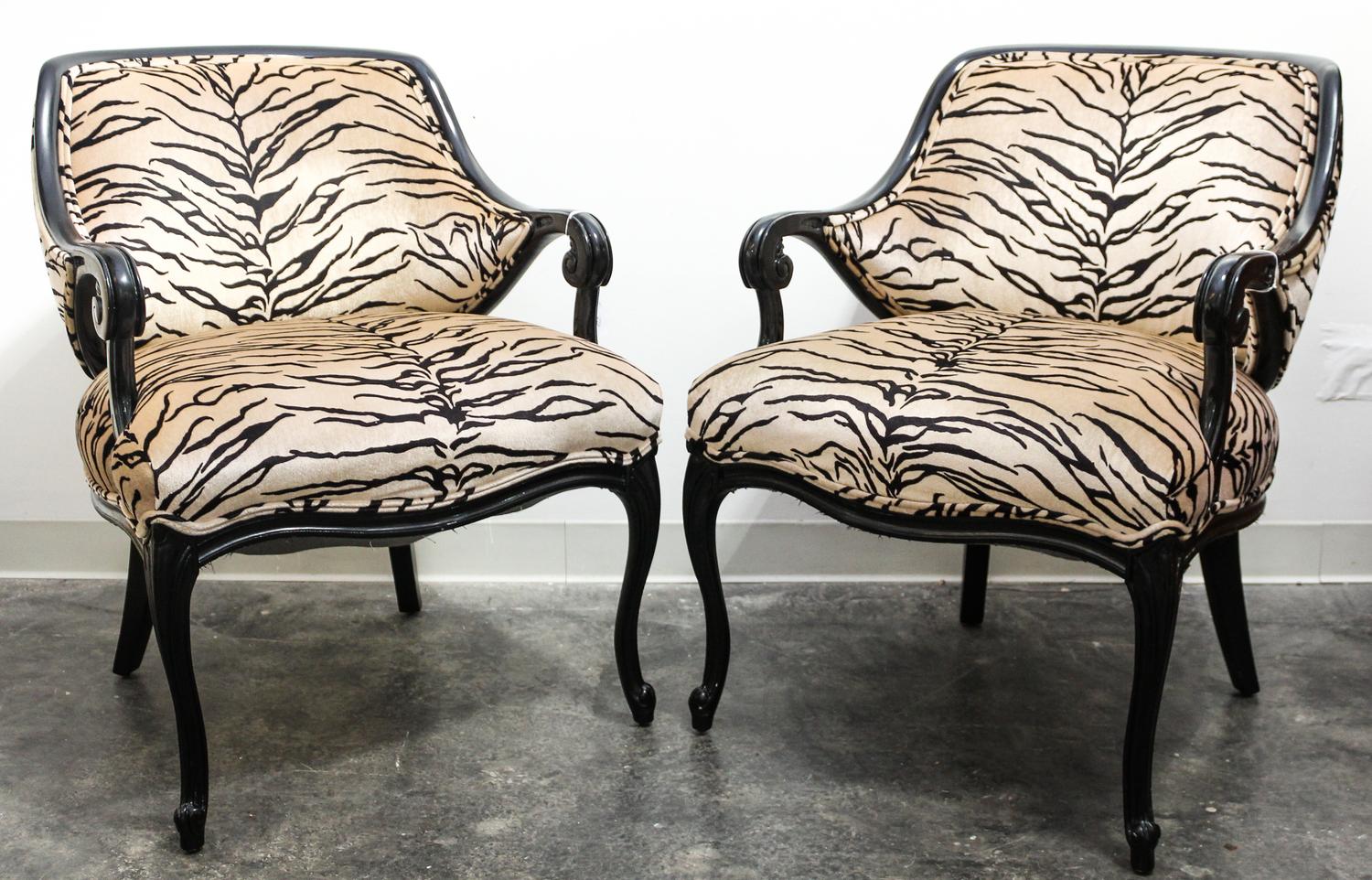 A Pair of Louis XV Style Ebonized Armchairs Height 34 inches. — 20TH CENTURY