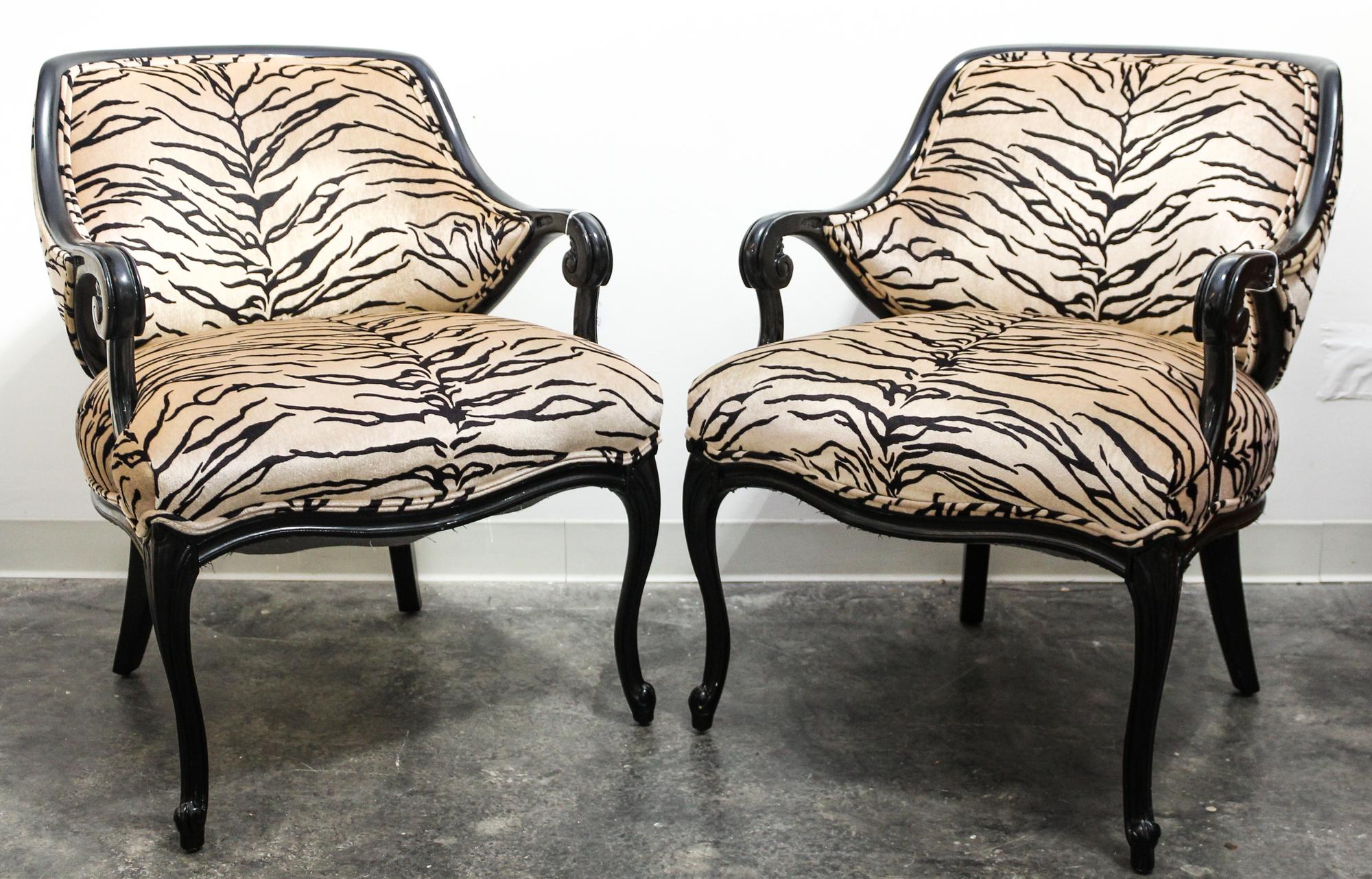 A Pair of Louis XV Style Ebonized Armchairs Height 34 inches. — 20TH CENTURY
