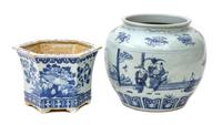 Two Blue and White Porcelain Jardiniere Height 12 x diameter 12 inches (larger)