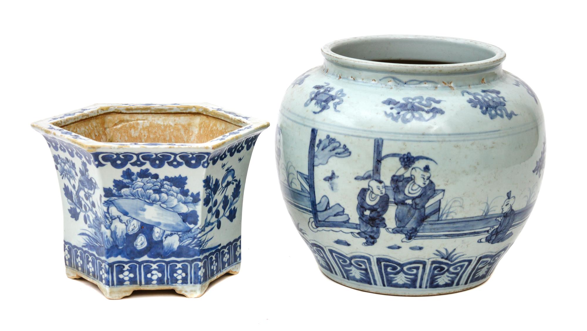 Two Blue and White Porcelain Jardiniere Height 12 x diameter 12 inches (larger)