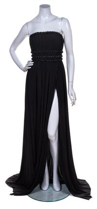 A Balmain Black Silk Strapless Pleated Gown, Size 40.