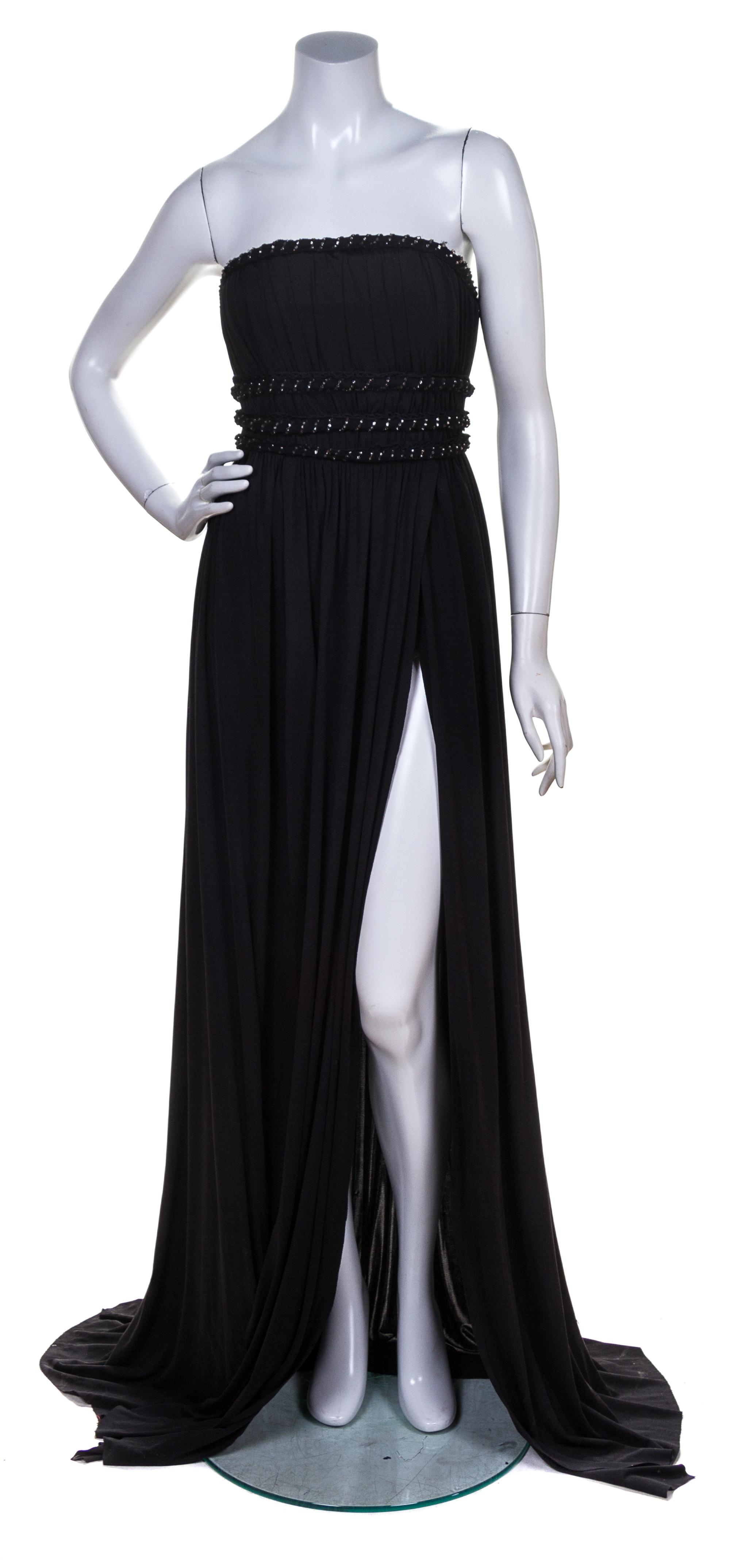 A Balmain Black Silk Strapless Pleated Gown, Size 40.
