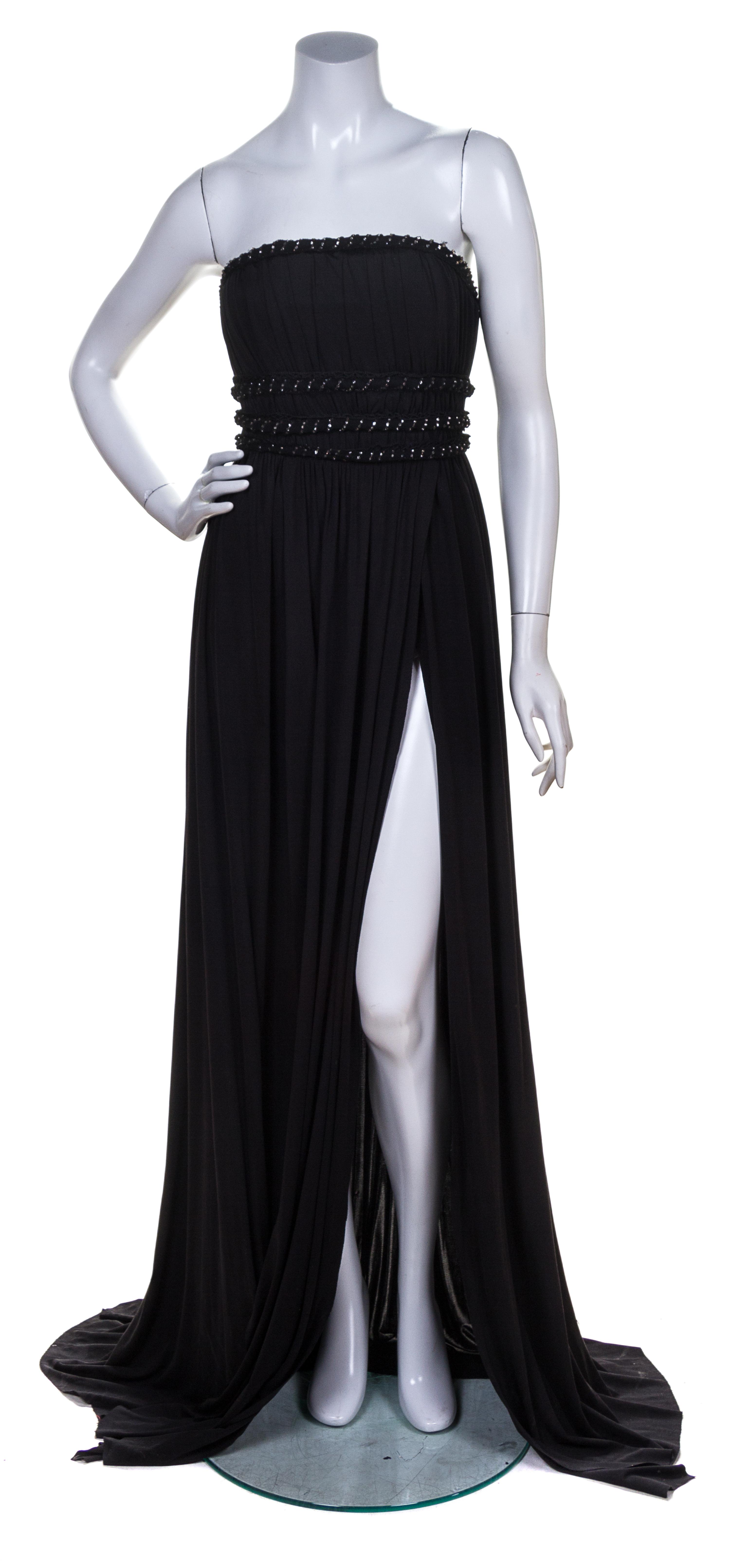A Balmain Black Silk Strapless Pleated Gown, Size 40.