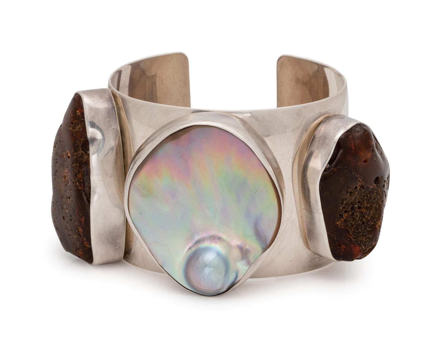 A Sterling Silver, Blistered Pearl and Hardstone 'Bless Our Earth' Cuff Bracelet, Rebecca Collins,