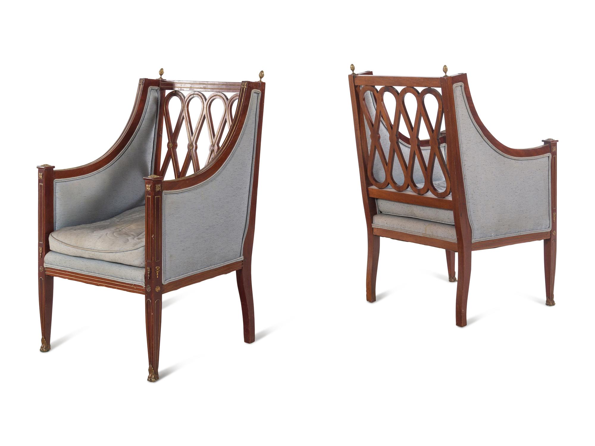 A Pair of Russian Neoclassical Brass Inlaid Mahogany Armchairs