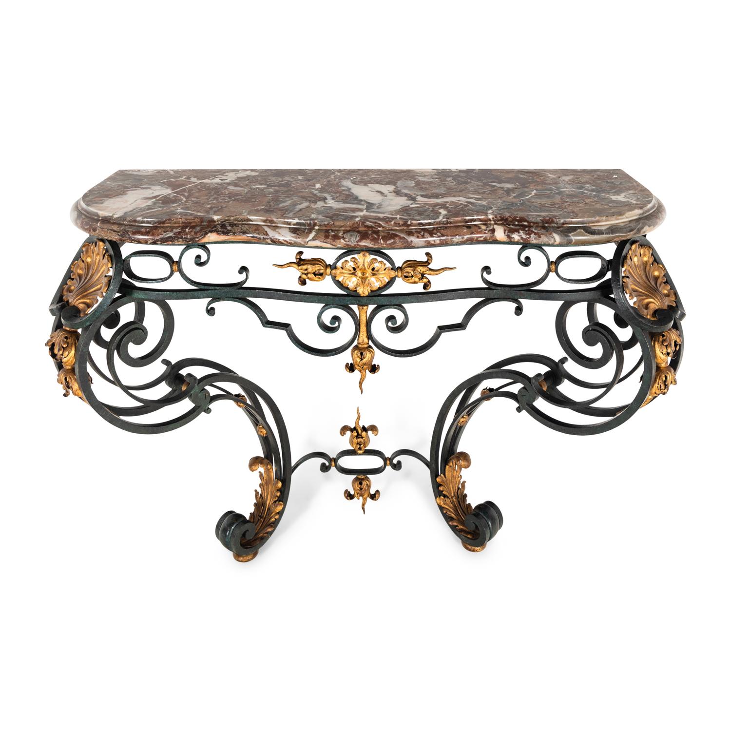A French Green-Painted and Parcel Gilt Iron Marble-Top Console Table