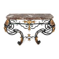 A French Green-Painted and Parcel Gilt Iron Marble-Top Console Table