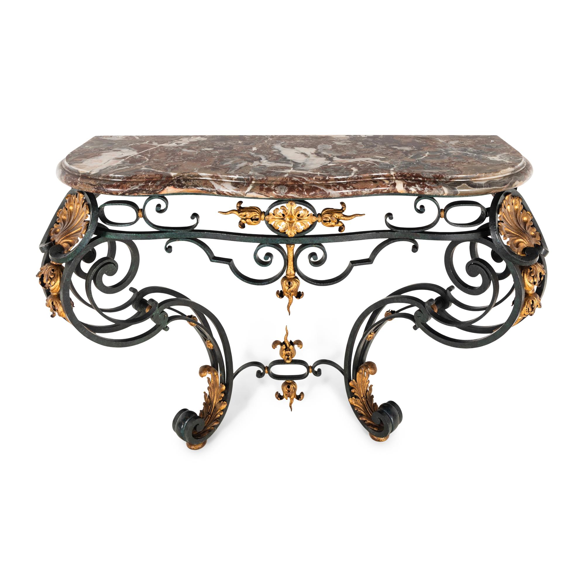 A French Green-Painted and Parcel Gilt Iron Marble-Top Console Table