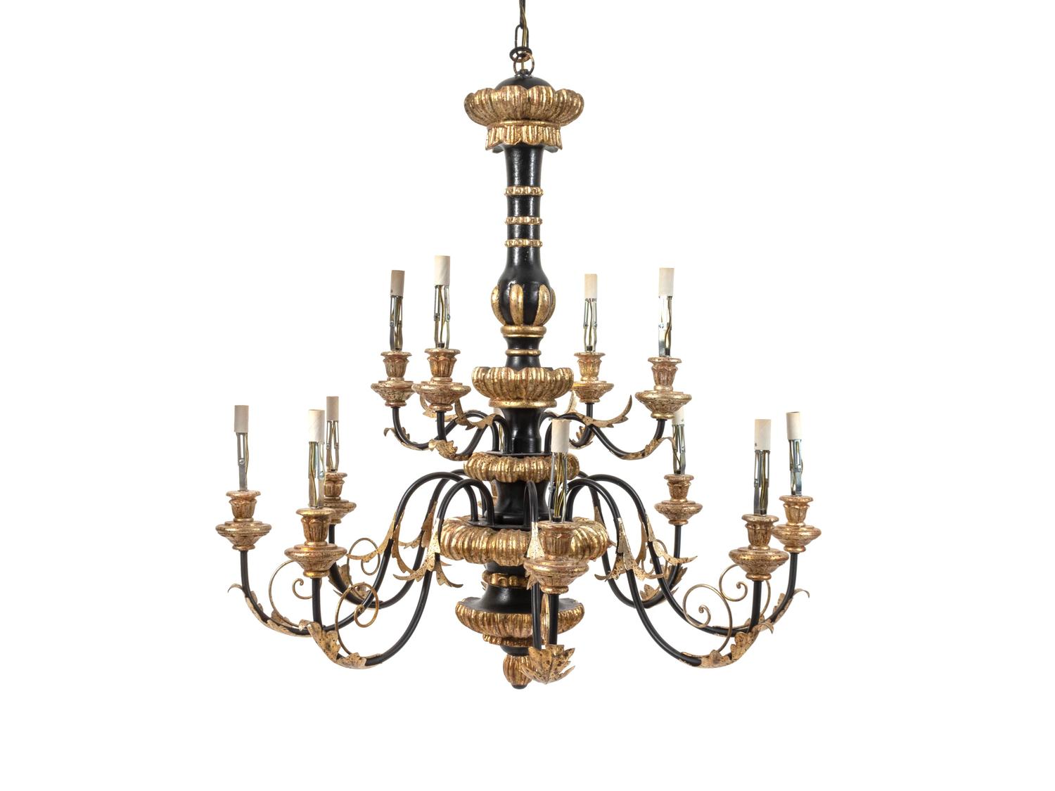 A Black and Gilt Painted Metal Twelve-Light Chandelier — 20TH CENTURY