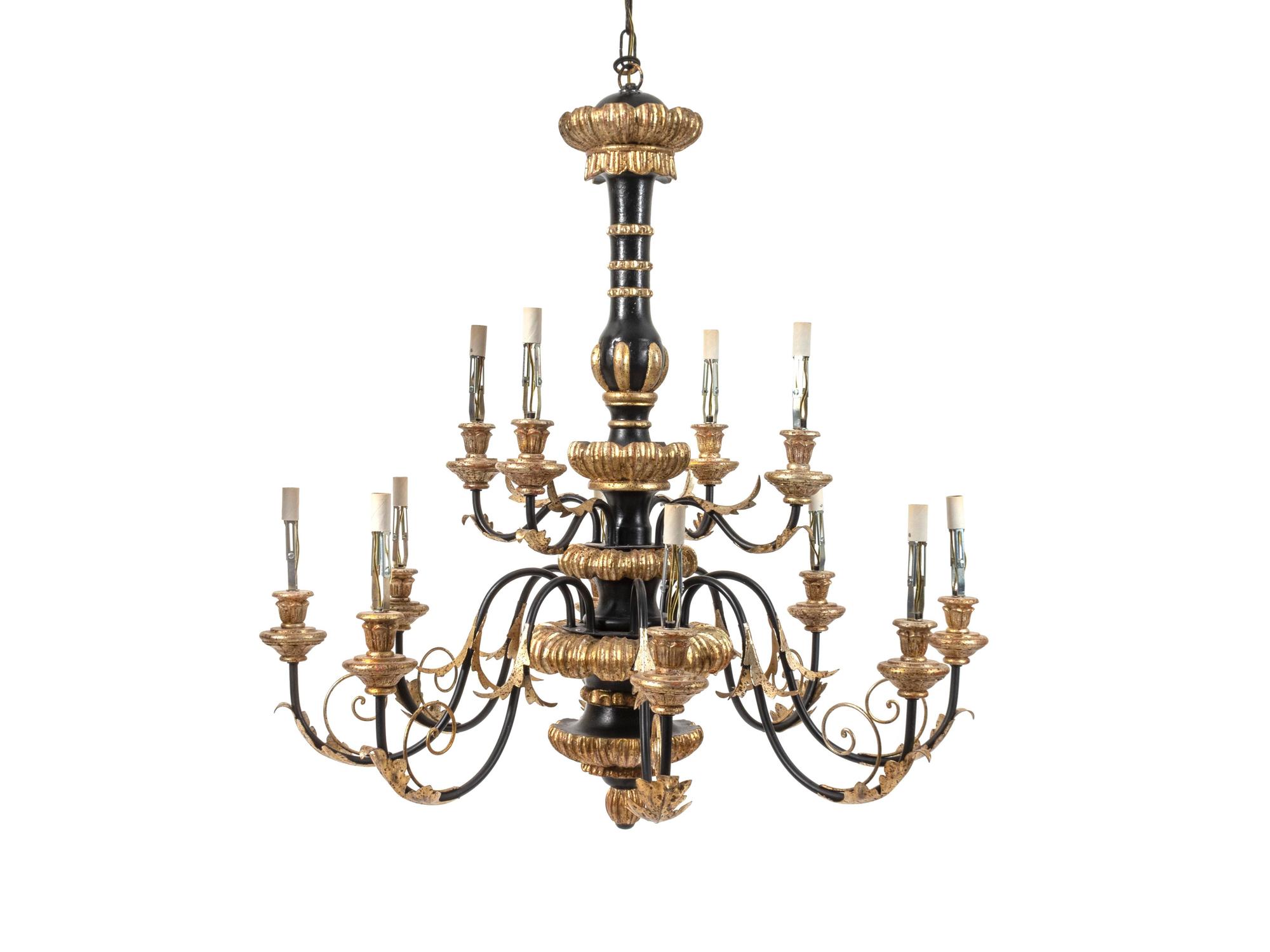 A Black and Gilt Painted Metal Twelve-Light Chandelier — 20TH CENTURY