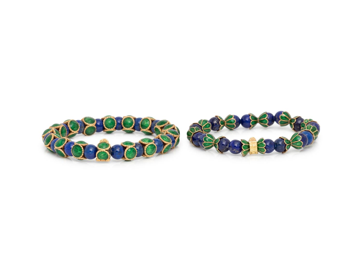 FRENCH, LAPIS LAZULI AND ENAMEL BEAD BRACELET SET