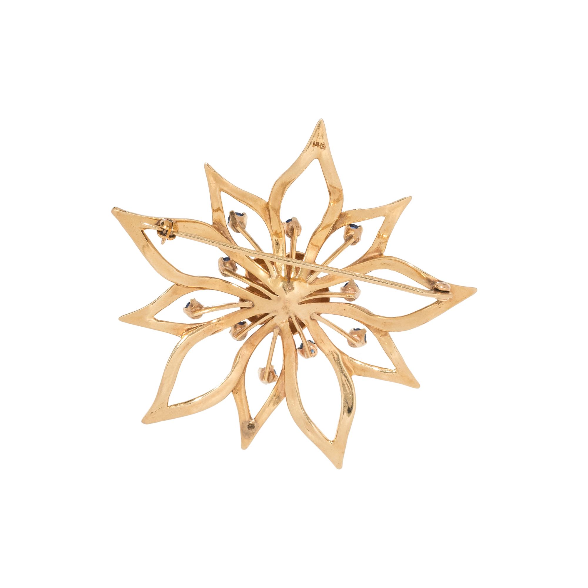 YELLOW GOLD, CULTURED PEARL AND SAPPHIRE FLOWER BROOCH