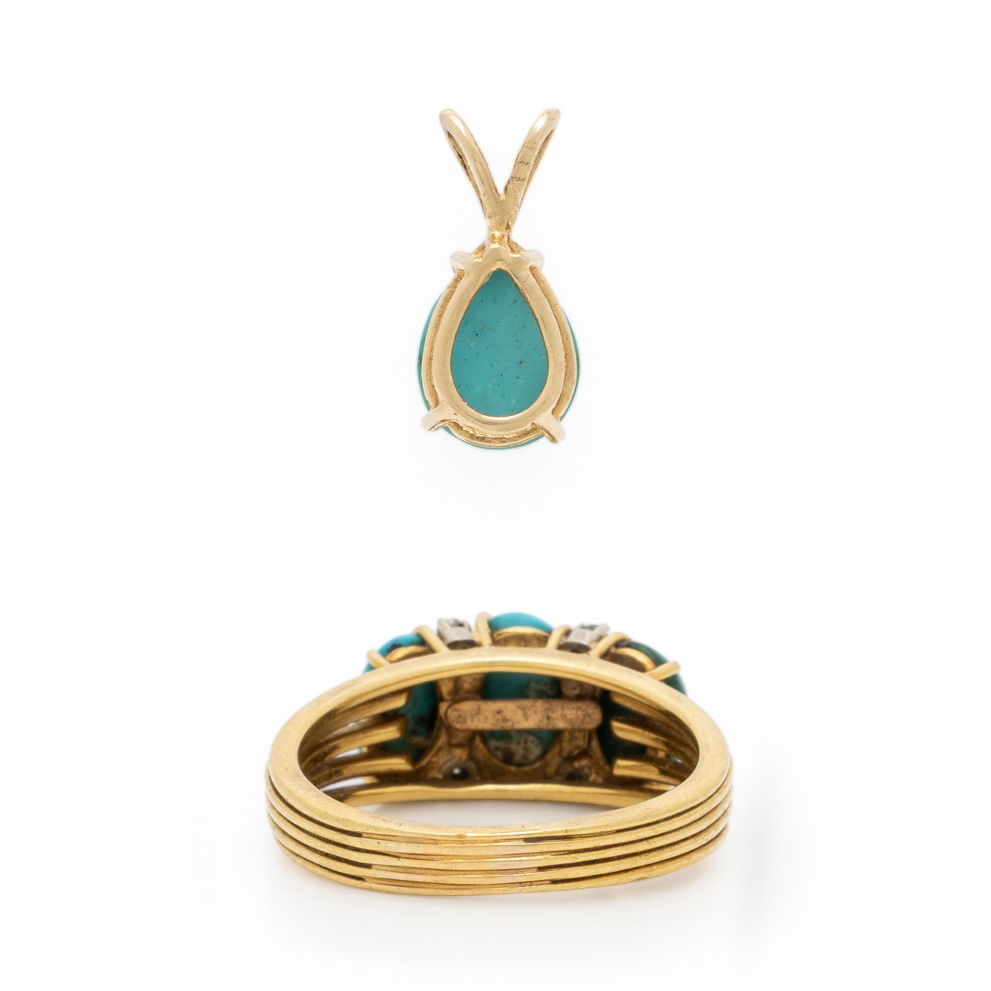 Tiffany and Co., Turquoise, Diamond, and Yellow Gold Ring with Unsigned Turquoise Pendant