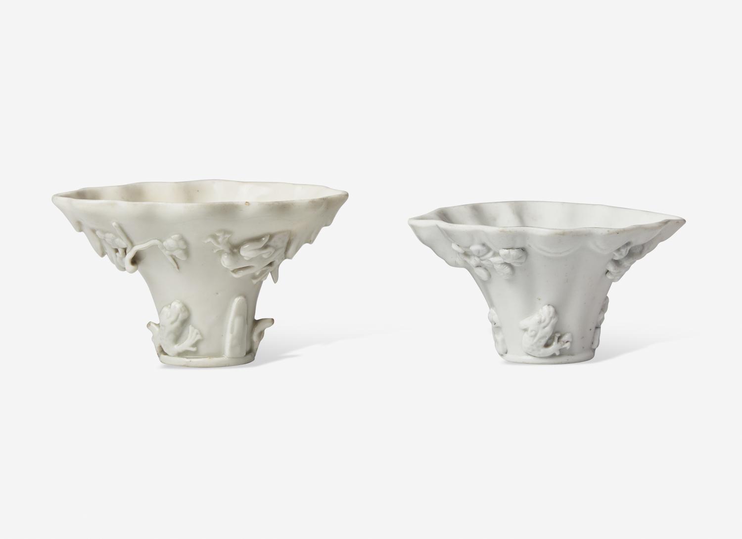 Three Chinese Dehua Porcelain Libation Cups and a Wood Stand