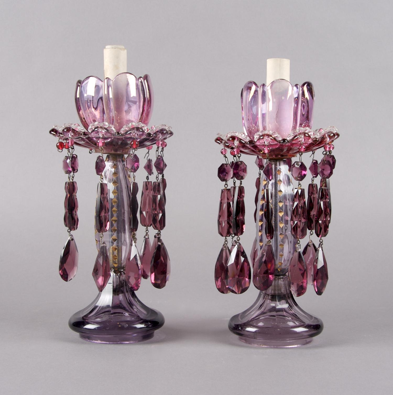 A Pair of Enameled Purple Glass Lusters, Height 10 3/4 inches.