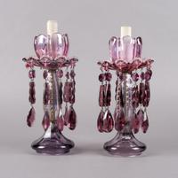 A Pair of Enameled Purple Glass Lusters, Height 10 3/4 inches.