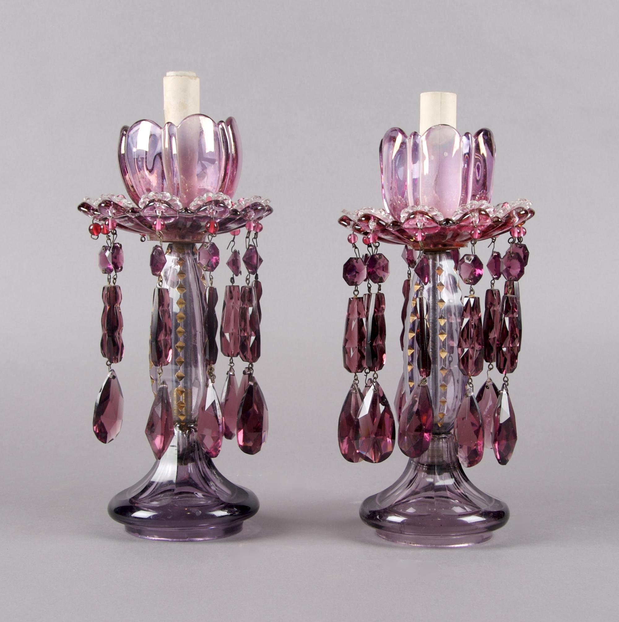 A Pair of Enameled Purple Glass Lusters, Height 10 3/4 inches.
