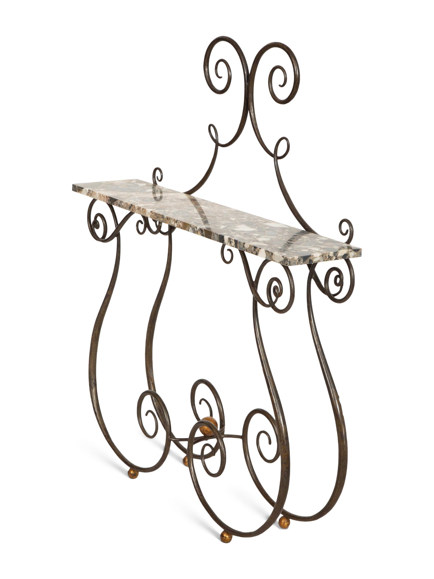 A Wrought Iron and Parcel Gilt Marble Top Console Table