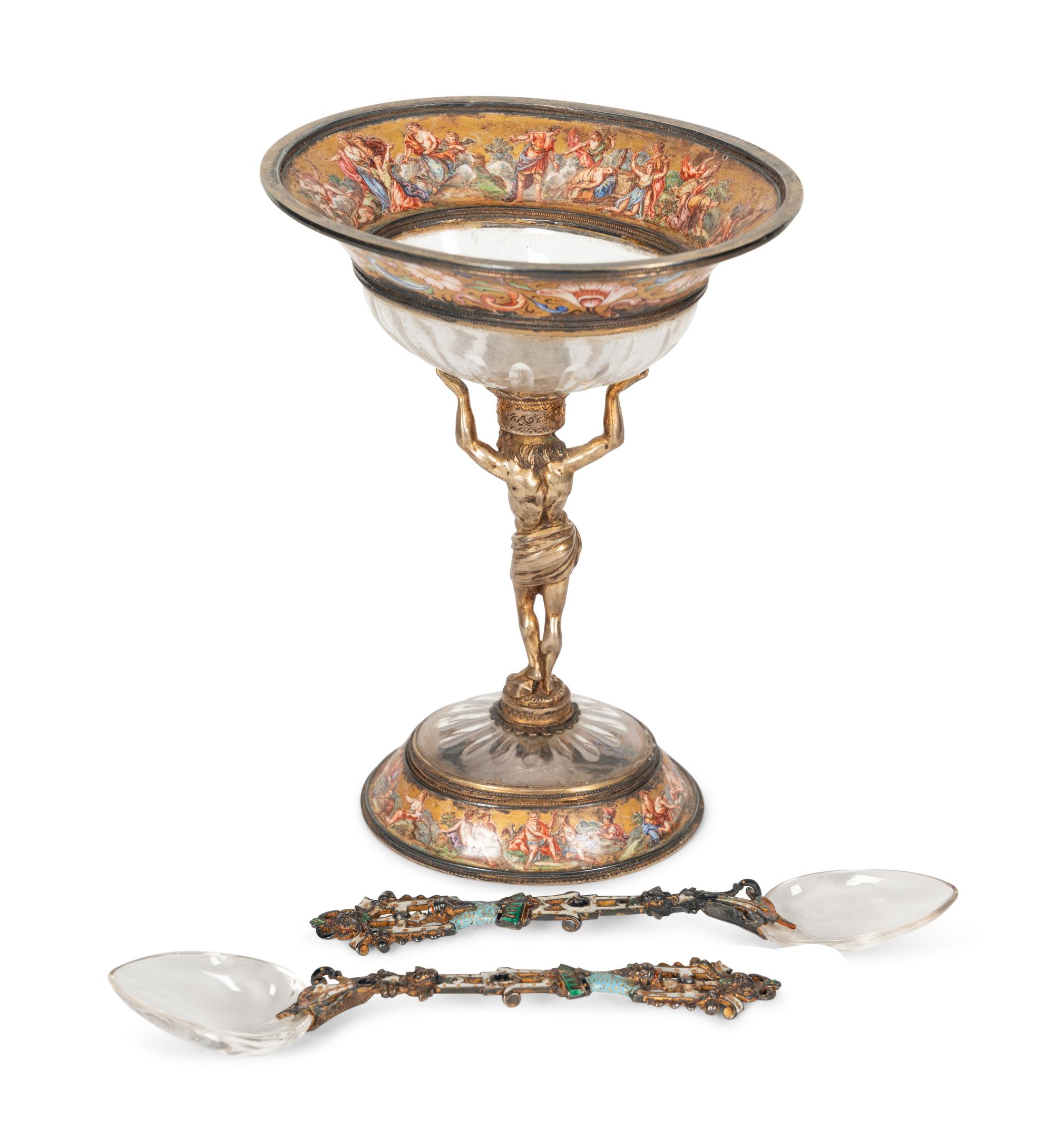 A Viennese Silver-Gilt, Enamel and Rock Crystal Coupe with Two Similar Spoons