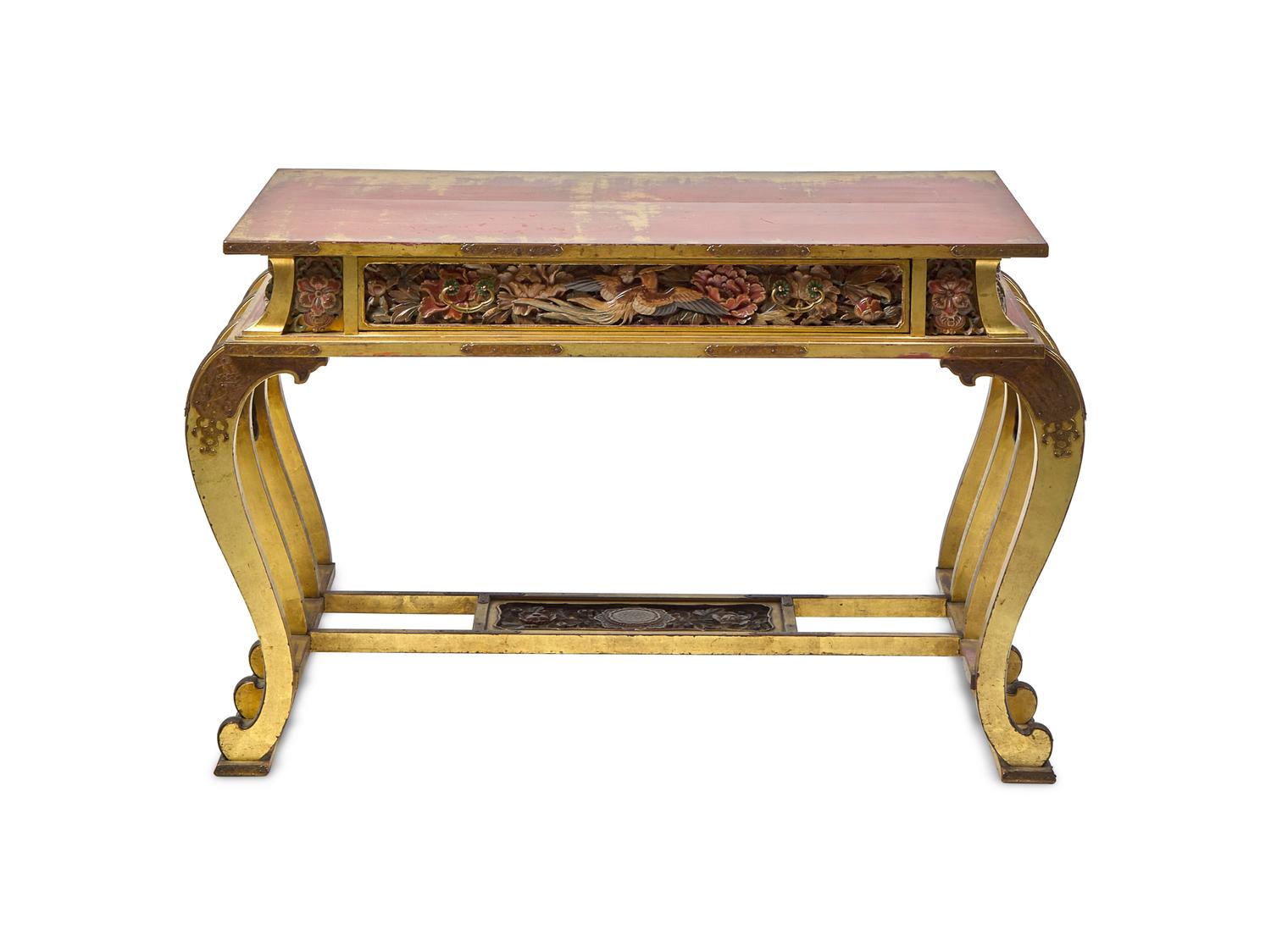 An Unusual Japanese Painted, Carved, and Gilt Lacquered Center Table, Meiji Period