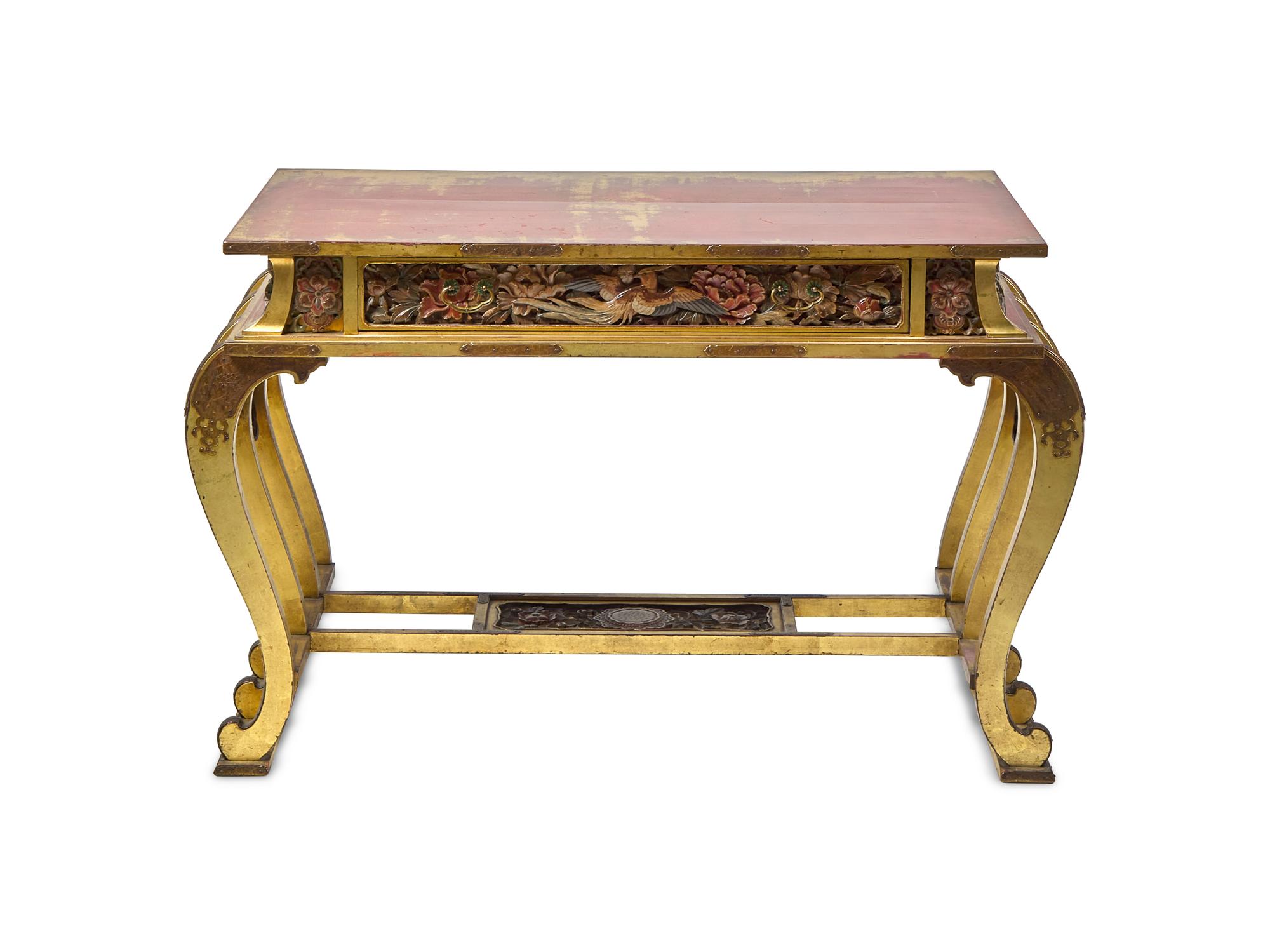 An Unusual Japanese Painted, Carved, and Gilt Lacquered Center Table, Meiji Period