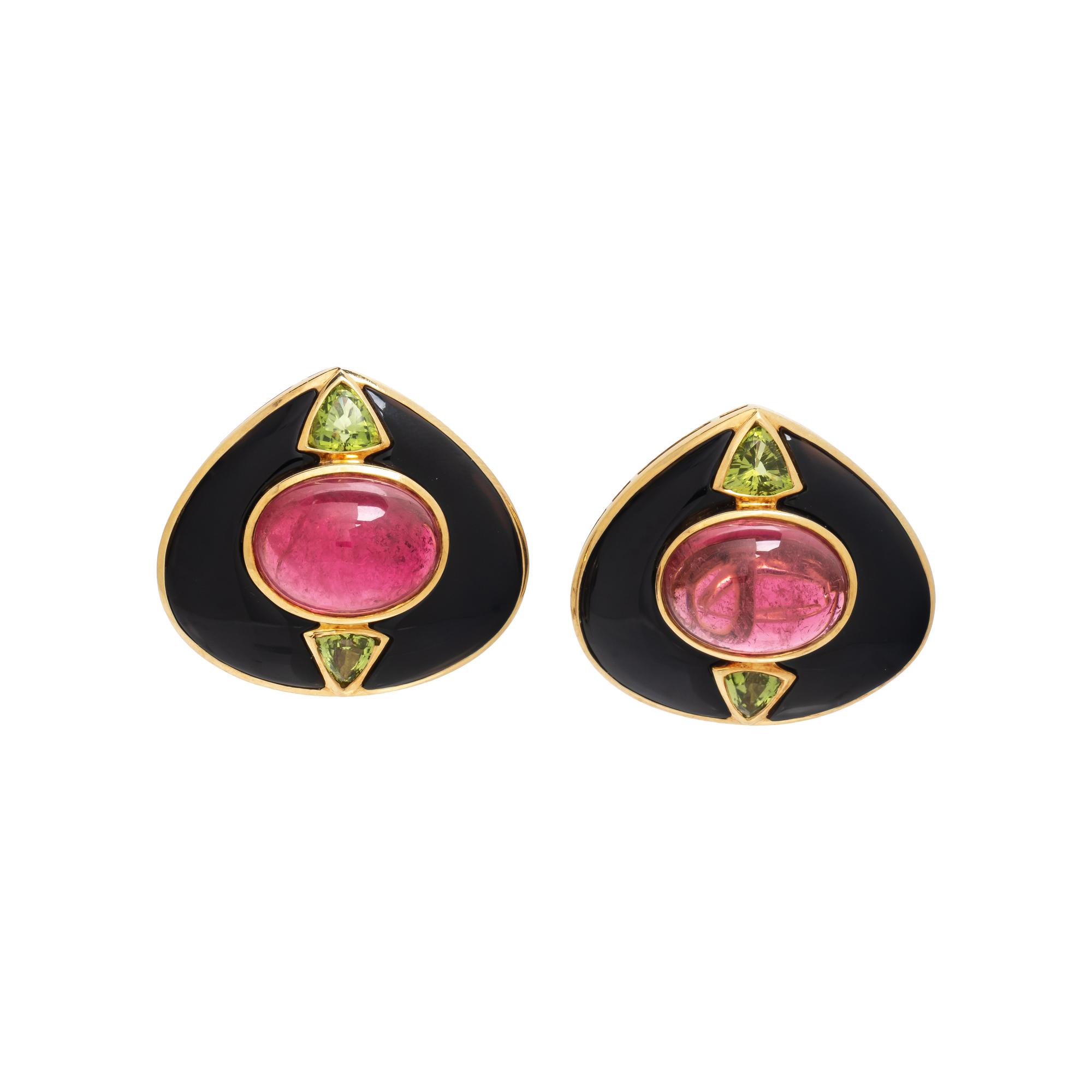 TOURMALINE, PERIDOT, AND ONYX EARRINGS
