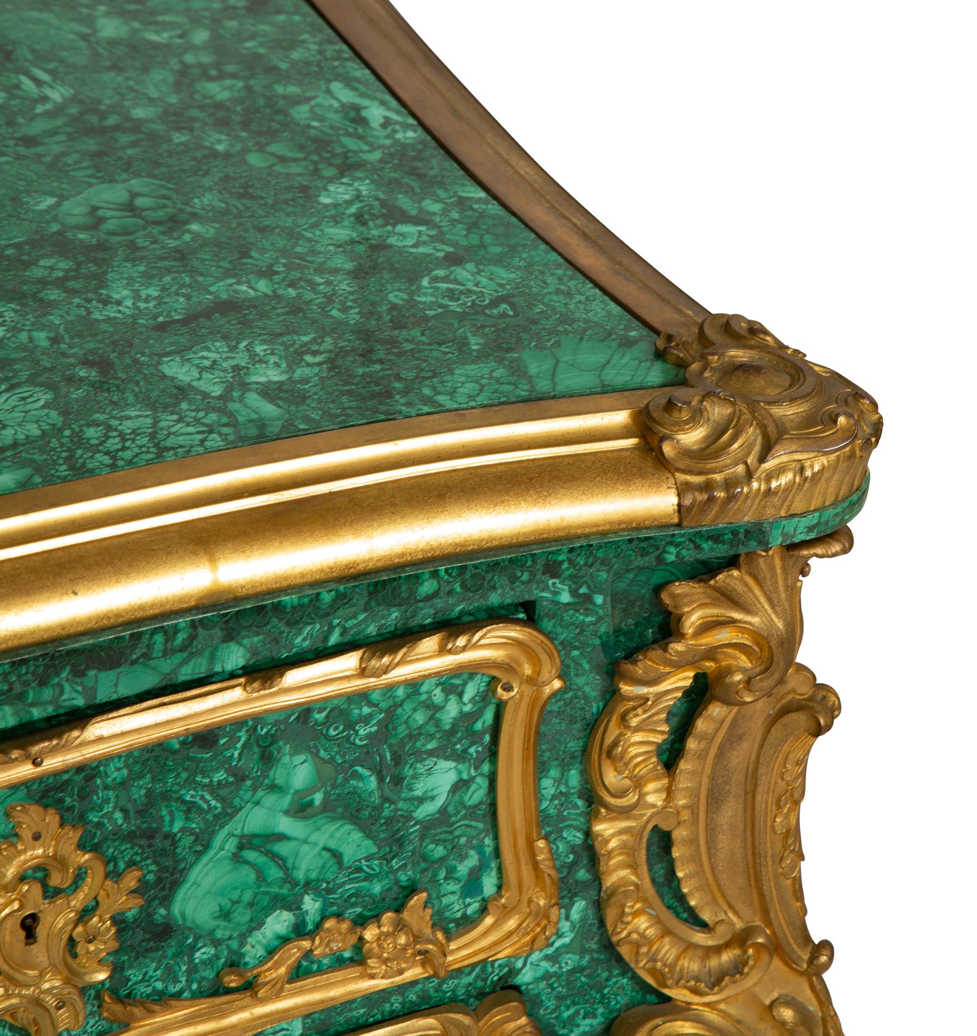 A Louis XV Style Gilt Bronze Mounted Malachite Bureau Plat