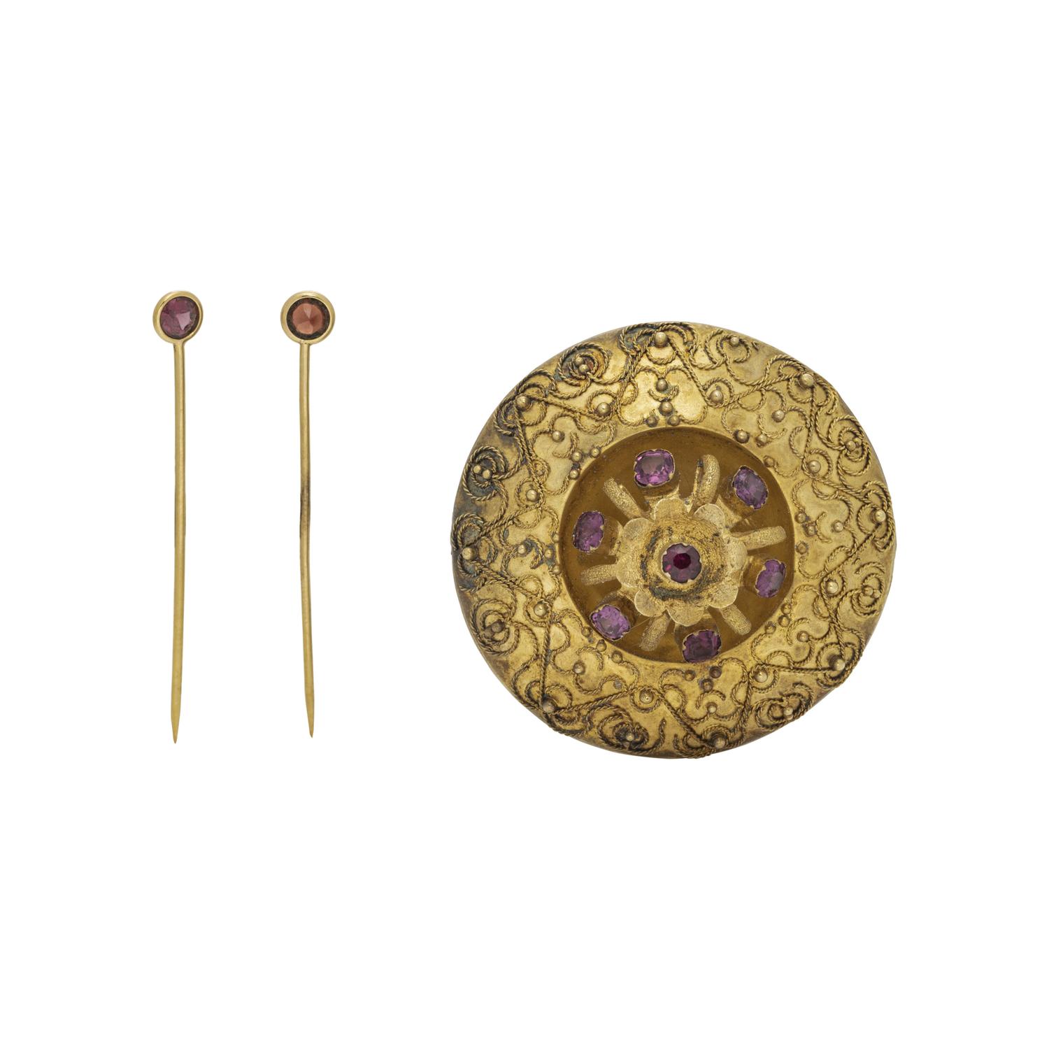 ANTIQUE, YELLOW GOLD AND GEMSTONE BROOCH AND STICK PINS