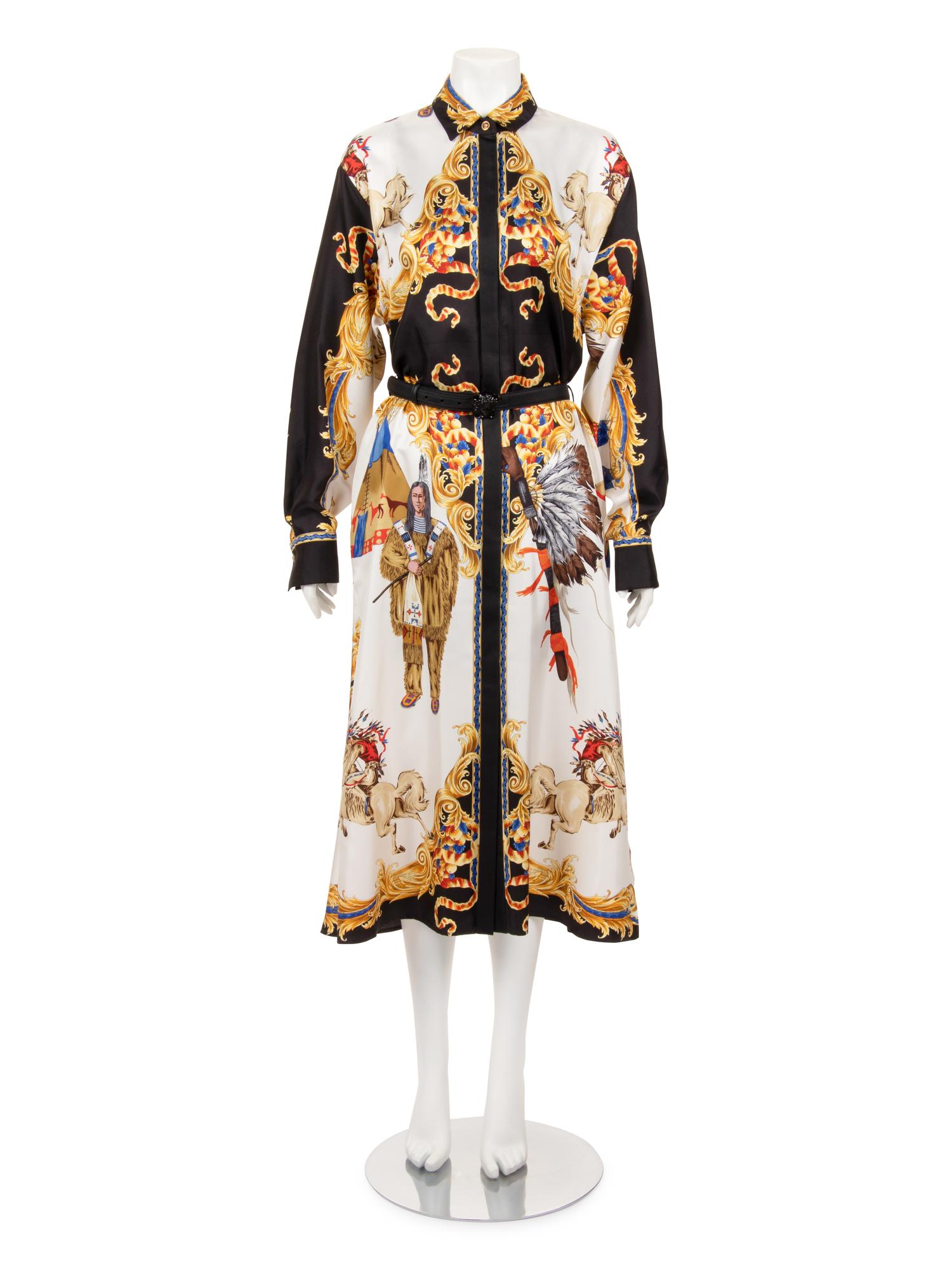 Versace Tribute "Native Americans" Silk Print Shirt Dress, Spring 2018
